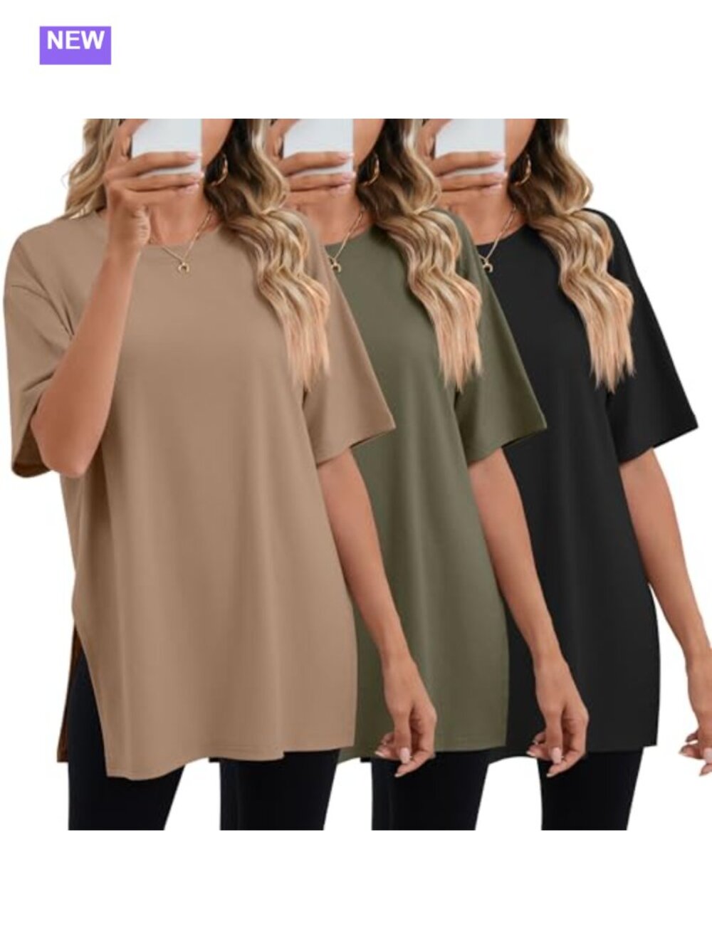Oversized Cotton Blend T-Shirts 3 Pack Crew Neck Short Sleeve